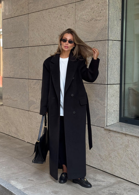 Довге двобортне пальто