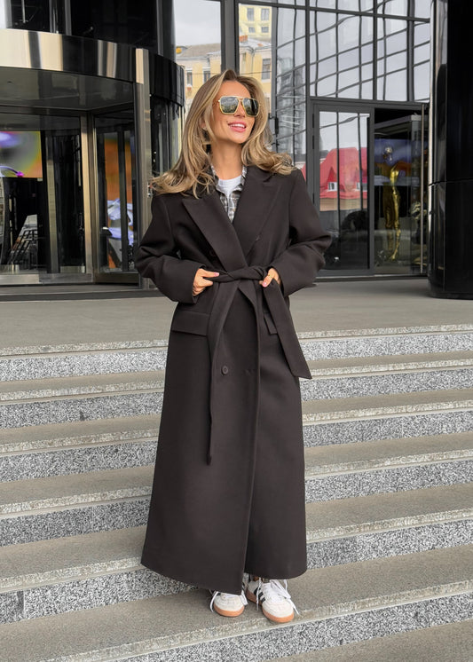 Довге двобортне пальто